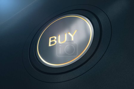 Creative shiny buy button on dark background. 3D Rendering