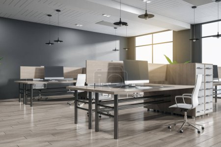 Luxury coworking office interior with window and city view, wooden flooring and sunlight. 3D Rendering