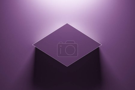 Rombo púrpura iluminado creativo con el lugar de la maqueta encima del telón de fondo. Renderizado 3D