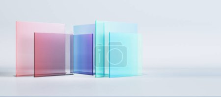Abstract colorful square glass on wide white background with mock up place for advertisement. Decor and design banner concept. 3D Rendering