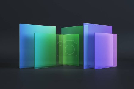 Abstract colorful square glass on black background. Decor and design banner concept. 3D Rendering