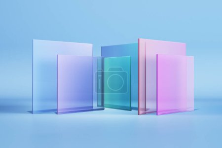 Abstract colorful square glass on blue background. Decor and design banner concept. 3D Rendering