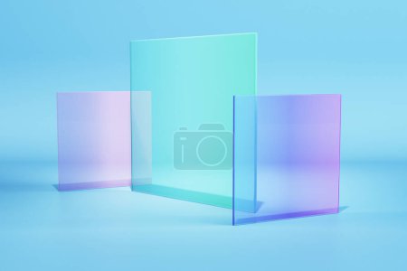 Abstract colorful round glass on light blue background. Decor and design banner concept. 3D Rendering