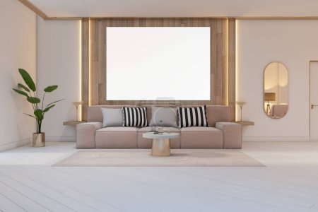 Luz interior de la sala de estar con muebles, sofá, almohadas y emotivo blanco simulan pancarta en la pared, suelos de madera. Renderizado 3D
