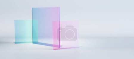 Abstract colorful square glass on wide light background with mock up place for advertisement. Decor and design banner concept. 3D Rendering