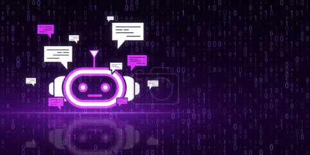 Creative bot hologram on purple binary coding background with mock up place. Chat GPT and customer service concept. 3D Rendering
