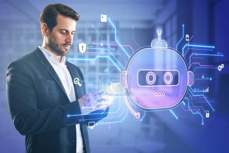 Attractive young european businessman using smartphone with creative robot hologram on blurry office interior background. Chat GPT and ai, customer support and bot concept