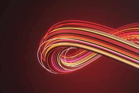 Abstract 3D infinity loop with red and gold stripes on a crimson background. Perpetual motion concept. 3D Rendering
