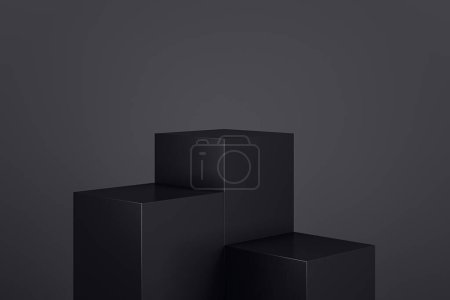 Téléchargez les photos : Piédestal bloc géométrique noir sur fond sombre avec place maquette. Rendu 3D - en image libre de droit