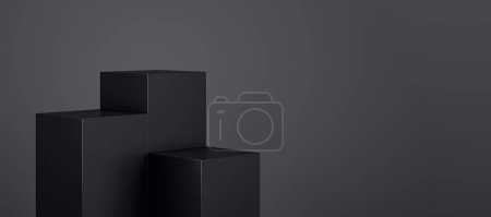 Téléchargez les photos : Piédestal bloc géométrique noir sur fond large sombre avec place maquette. Rendu 3D - en image libre de droit