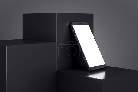 Téléchargez les photos : Smartphone blanc vide sur socle de bloc géométrique sur fond noir avec place maquette. Rendu 3D - en image libre de droit