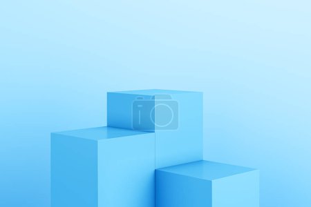 Téléchargez les photos : Piédestal de bloc géométrique bleu sur fond clair avec place maquette. Rendu 3D - en image libre de droit