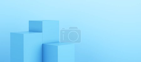 Téléchargez les photos : Piédestal de bloc géométrique bleu sur fond large avec place maquette. Rendu 3D - en image libre de droit