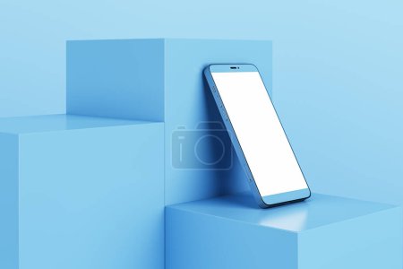 Téléchargez les photos : Smartphone blanc vide sur socle de bloc géométrique sur fond bleu avec place maquette. Rendu 3D - en image libre de droit
