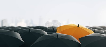 Téléchargez les photos : Parapluie orange remarquable parmi les noirs d'en haut, uniformité et thème de différenciation. Rendu 3D - en image libre de droit