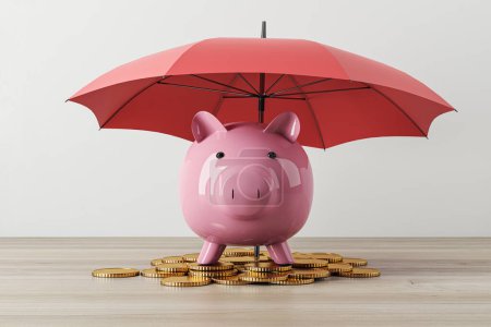 Pinkfarbenes Sparschwein unter einem roten Regenschirm über goldenen Münzen. Finanzsicherheitskonzept. 3D-Rendering