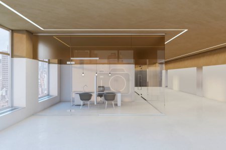 Modern concrete and glass office interior with window and city view. 3D Rendering