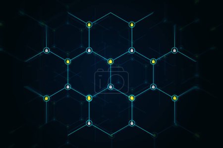 Abstract digital network with nodes connected by lines on a dark blue background. 3D Rendering