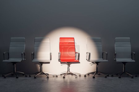 Job interview, recruitment concepts. Row of chairs with one odd one out. Job opportunity. Red chair in spotlight. Business leadership. 3D Rendering