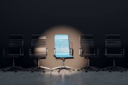Job interview, recruitment concepts. Row of chairs with one odd one out. Job opportunity. Blue chair in spotlight. Business leadership. 3D Rendering