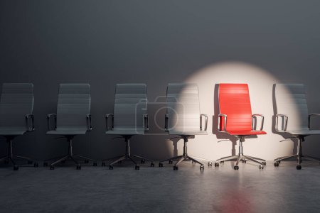 Job interview, recruitment concept. Row of chairs with one odd one out. Job opportunity. Red chair in spotlight. Business leadership. 3D Rendering