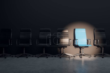Job interview, recruitment concept. Row of chairs with one odd one out. Job opportunity. Blue chair in spotlight. Business leadership. 3D Rendering