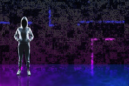 Hacker in hoodie standing on abstract glowing pixel wall background. Large led projection screens and data hacking concept