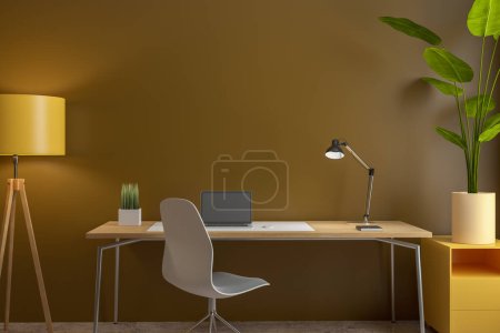 Bureau design sombre moderne avec divers articles, ordinateur portable, plante décorative et lampe. Espace de travail et concept de maison. Rendu 3D