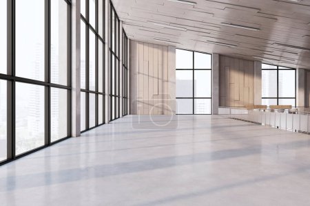 Foto de Moderno interior de hormigón de dos plantas de espacio abierto con ventanas panorámicas y muebles. Concepto de estilo y diseño. Renderizado 3D - Imagen libre de derechos