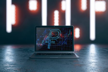 Close up of laptop with creative glowing ruble hologram and forex chart on screen, abstract illuminated gray workplace background. Money, trade, market, online banking app, currency and finance concept. 3D Rendering