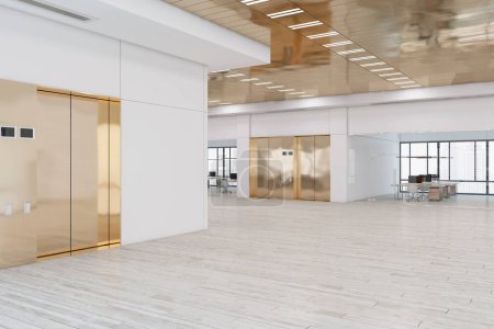 Intérieur de bureau spacieux moderne avec parquet, plafond brillant, ascenseurs, fenêtre et vue sur la ville, meubles et lumière du jour. Concept de lieu de travail et de design. Rendu 3D