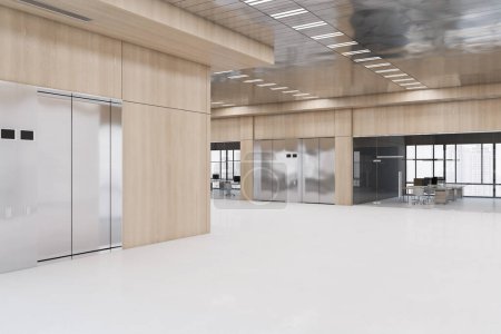 Intérieur de bureau moderne et spacieux avec plafond brillant, ascenseurs, fenêtre et vue sur la ville, mobilier et lumière du jour. Concept de lieu de travail et de design. Rendu 3D