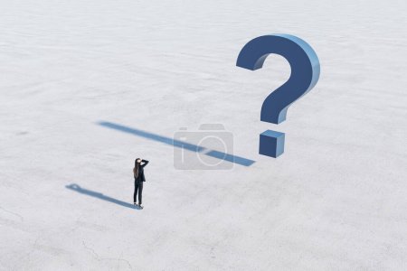 Photo for Doubt and fear concept with confused businesswoman and blue question mark on concrete surface - Royalty Free Image