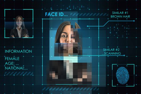 Téléchargez les photos : Reconnaissance faciale et concept biométrique avec processus de numérisation des jeunes femmes et empreintes digitales avec données personnelles sur fond sombre abstrait - en image libre de droit