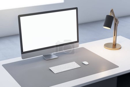 Close up of office desk top with empty white computer monitor and mock up place for your advertisement, lamp and keyboard on blurry background. 3D Rendering