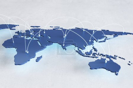 Foto de Concepto de red social global y tecnología de internet con líneas de flecha blanca sobre mapa gráfico azul del mundo sobre fondo gris claro. Renderizado 3D - Imagen libre de derechos