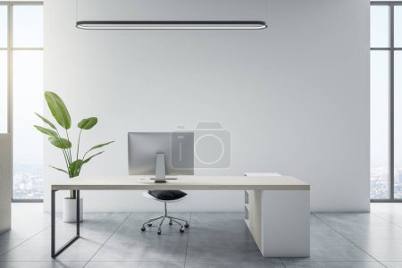 Frontansicht auf minimalistischen Arbeitsplatz im sonnendurchfluteten Büro mit weißer Wand, Stadtblick aus dem Fenster und hellgrauem Boden. 3D-Rendering