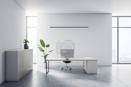 Frontansicht auf modernem Computer auf stilvollem Leuchttisch in minimalistischem Büro-Interieur mit Betonboden und Stadtblick aus großem Fenster. 3D-Rendering