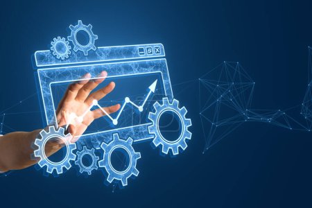 Close up of male hand using creative digital computer folder with cogs, mesh and arrows on blurry backdrop. Project Management icon, data management, folder, project goals, task management concept