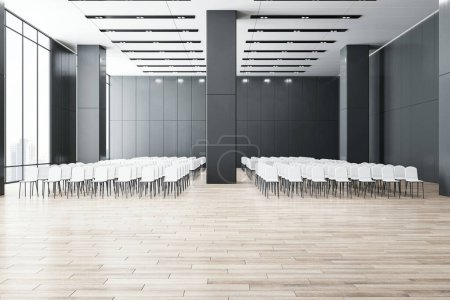 Moderner Konferenzsaal mit weißen Stühlen und kontrastierender dunkler Wand. Ästhetisches Corporate Design. 3D-Rendering