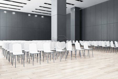 Salle de conférence moderne avec chaises blanches uniformes et lambris muraux sombres. Rendu 3D