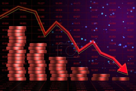 A financial concept with coins and a descending graph on a red digital background, symbolizing an economic downturn. 3D Rendering
