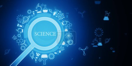 Foto de Símbolos temáticos de ciencia sobre un fondo digital azul, estilo abstracto, que representan varios iconos y conceptos científicos. Renderizado 3D - Imagen libre de derechos