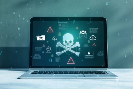 Foto de Un portátil que muestra cráneo y huesos cruzados con iconos de ciberseguridad en un fondo verde azulado, concepto de amenazas digitales. Renderizado 3D - Imagen libre de derechos