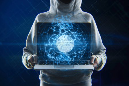 Hacker holding laptop with glowing blue linear sphere on blurry background. Geometric cyberspace, hacking, malware, network and future concept