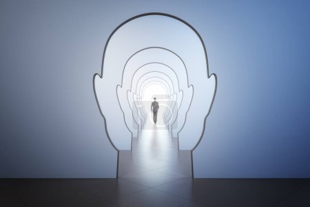Photo for Success psychology and business motivation concept with walking man back leading to light spot in the end of corridor through walls in form of human heads - Royalty Free Image