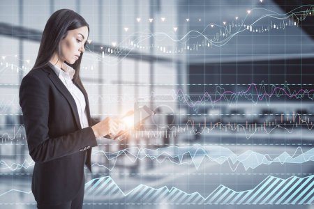 Attractive thoughtful caucasian businesswoman with tablet and candle stick grid graph chart of stock market investment trading. Bullish point, Bearish point and financial growth concept. Blurry office interior background. Double exposure