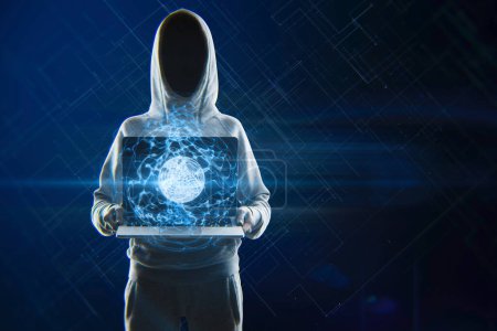 Hacker holding notebook with glowing blue linear sphere on blurry background. Geometric cyberspace, hacking, malware, network and future concept