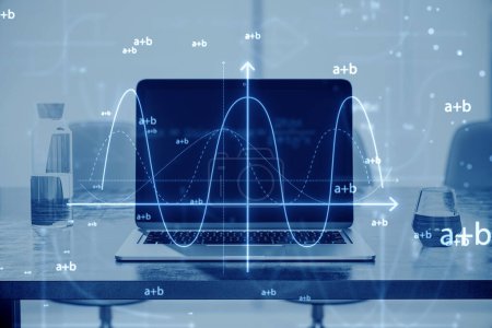 Close up of designer workplace with laptop water glass and abstract glowing mathematical formula graph on blue background. Equation, digital data and mathematics app concept. Double exposure
