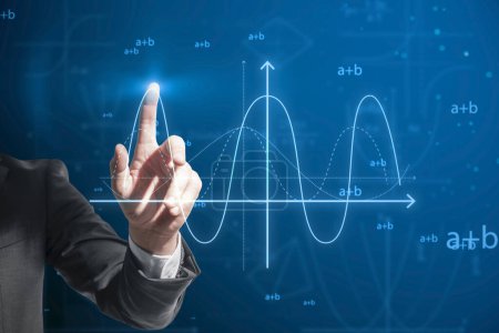 Close up of businessman finger pointing at abstract glowing mathematical formula graph on blue background. Equation, digital data and mathematics app concept